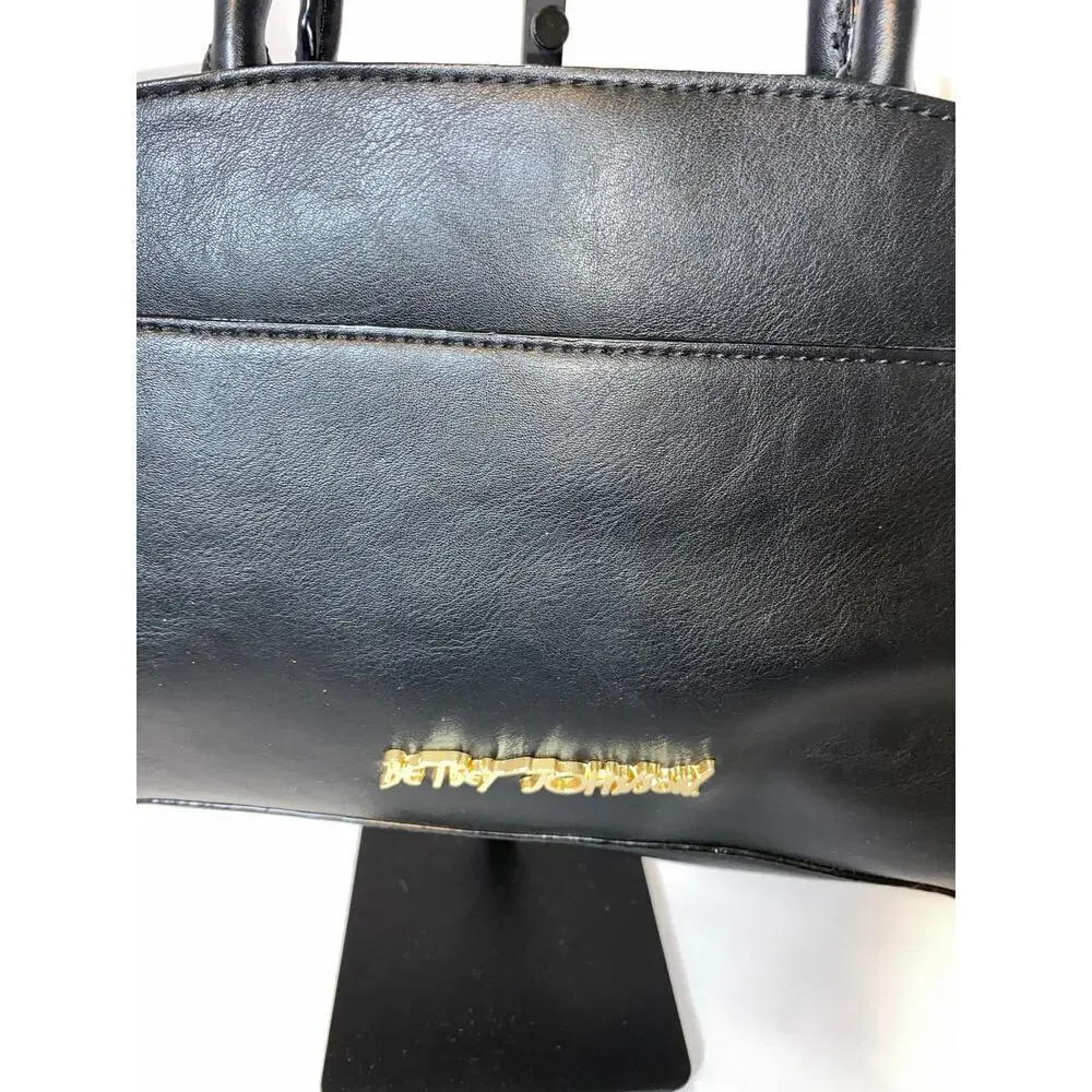 Betsey Johnson Black Satchel Handbag with Leopard Bow Accent